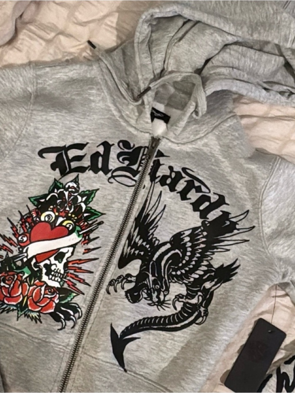 Ed Hardy Gray Hoodie with Colorful Skull & Black Eagle Graphics